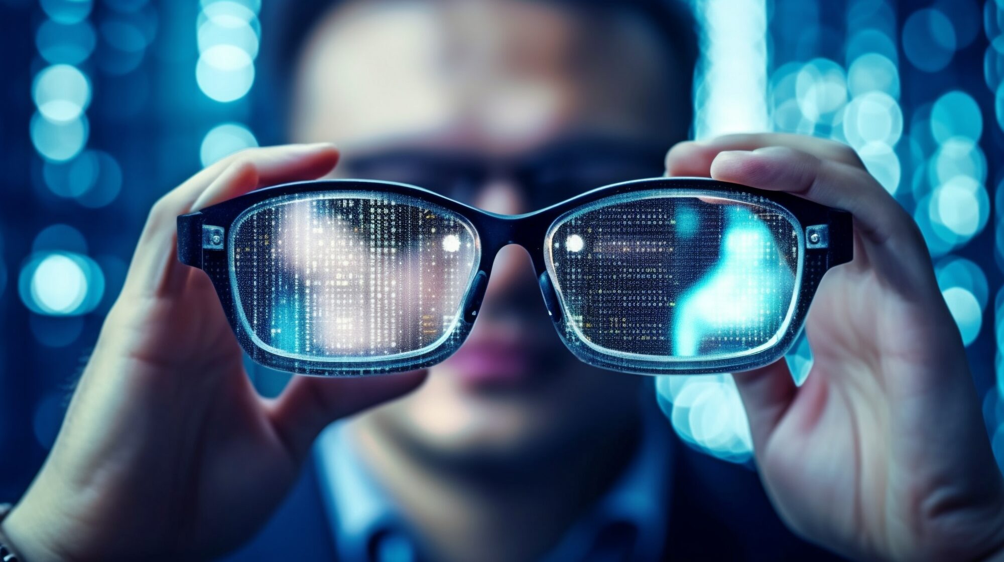 A man wearing high tech smart glasses searches for a block chain